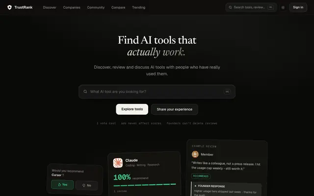 Screenshot of TrustRank: find AI tools that actually work