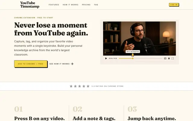 Screenshot of YouTube Timestamp – Save & Organize Video Moments (Chrome Extension)