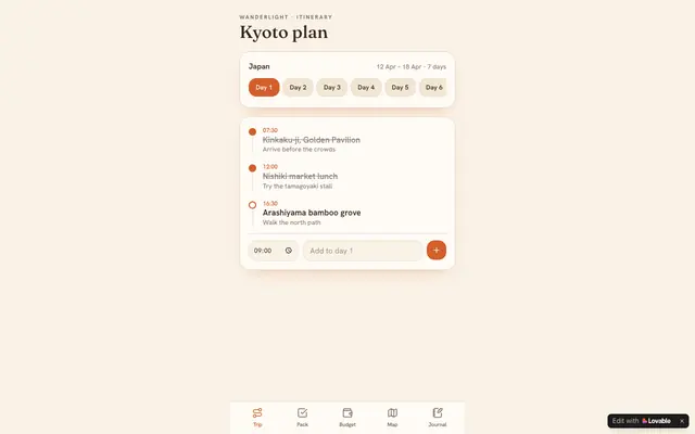 Screenshot of Wanderlight — Trip Itinerary Planner