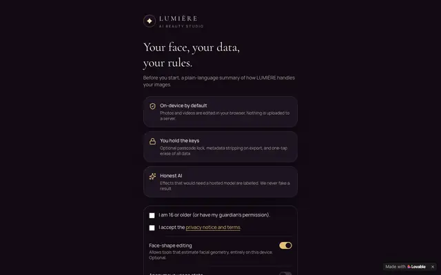 Screenshot of LUMIÈRE — On-device AI Beauty Studio
