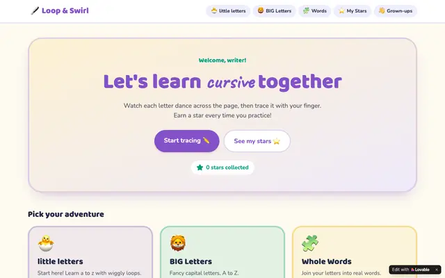 Screenshot of Loop & Swirl — Fun Cursive Handwriting for Kids