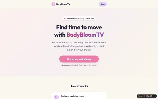Screenshot of BodyBloomTV — Find time to move