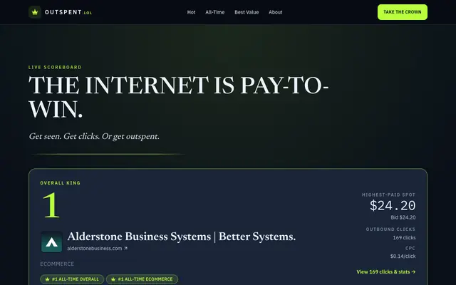 Screenshot of OUTSPENT — $24.20 currently owns #1