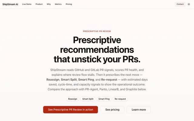 Screenshot of ShipStream — Prescriptive PR Review · ShipStream AI