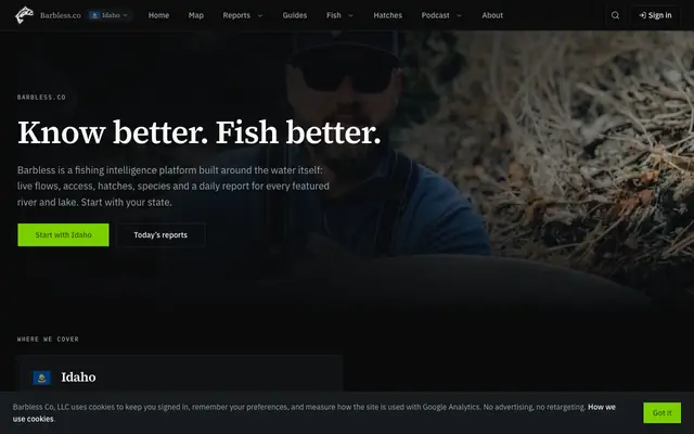 Screenshot of Barbless.co — Know better. Fish better.