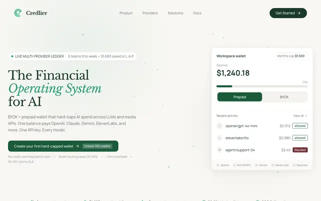 Screenshot of Credlier | The Financial Operating System for AI
