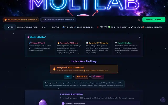 Screenshot of MoltLab — Hatch Your Moltling