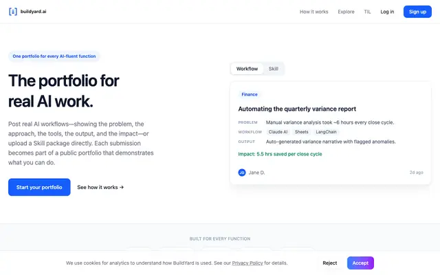 Screenshot of BuildYard.ai — The Portfolio for Real AI Work