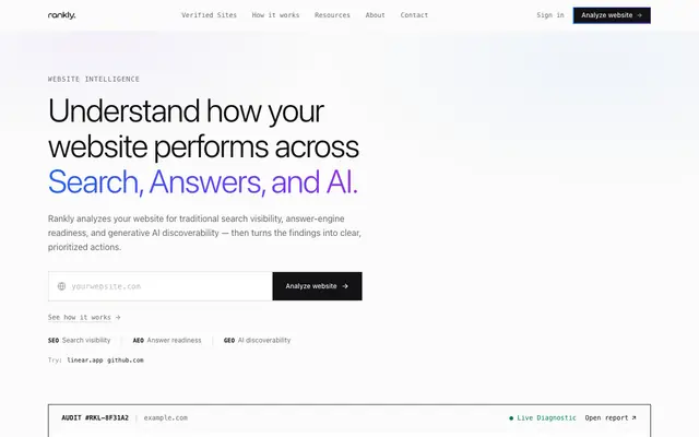 Screenshot of Rankly — Website Audit for SEO, AEO & GEO Visibility