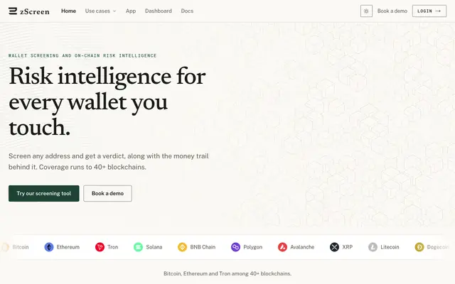 Screenshot of zScreen | Risk intelligence for every wallet you touch