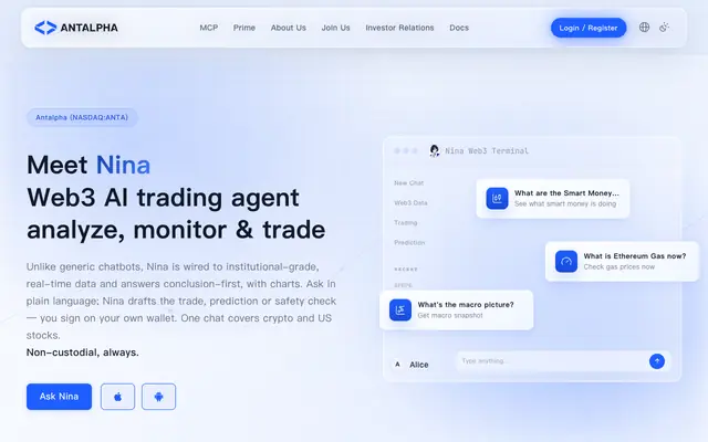 Screenshot of Antalpha Nina — Web3 AI for crypto intelligence & trading