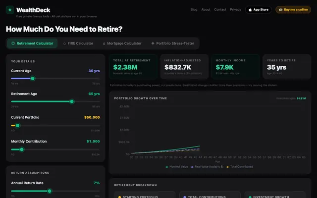 Screenshot of WealthDeck — Portfolio, Retirement & FIRE Calculator Tools