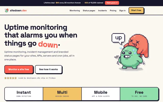 Screenshot of Uptime Monitoring, Incidents & Status Pages | Sitedown