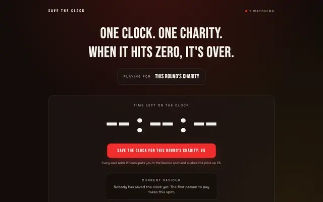 Screenshot of Save the Clock: one clock, one charity, until it hits zero