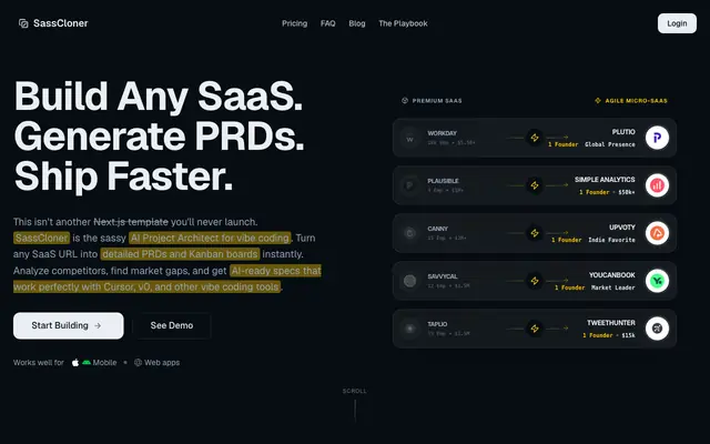 Screenshot of SassCloner: AI Project Architect for Vibe Coding | SassCloner.dev | SassCloner