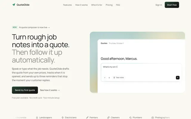 Screenshot of AI Quote & Follow-Up Software for Trades | QuoteGlide