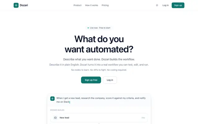 Screenshot of Dozari — Describe it. Automate it.