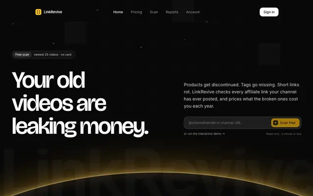 Screenshot of LinkRevive — Dead affiliate link audit for YouTube