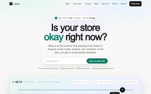 Screenshot of Navaal AI — Is your store okay? Free AI store scan & nightly monitoring