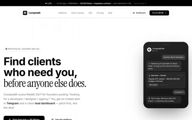 Screenshot of Compeddit — Agentic Client Radar for Freelancers & Agencies