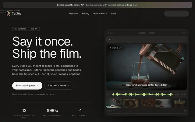 Screenshot of Cutline: AI-directed video, one sentence in