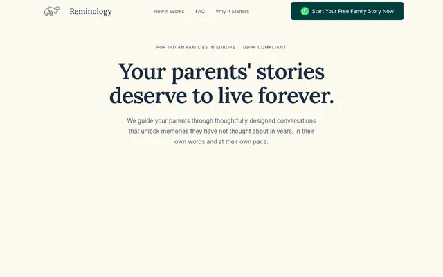 Screenshot of Reminology — Your parents' stories, kept forever