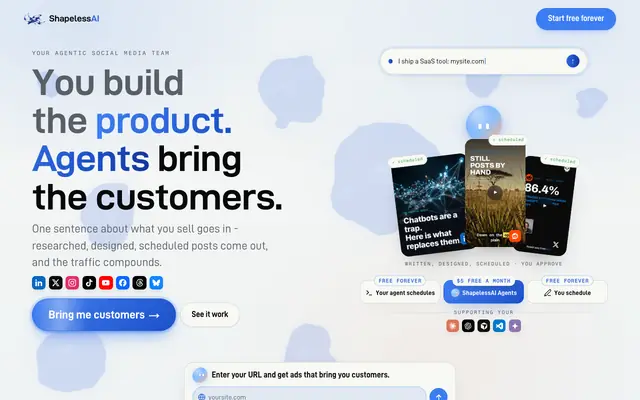 Screenshot of AI social media agents that bring you customers | ShapelessAI