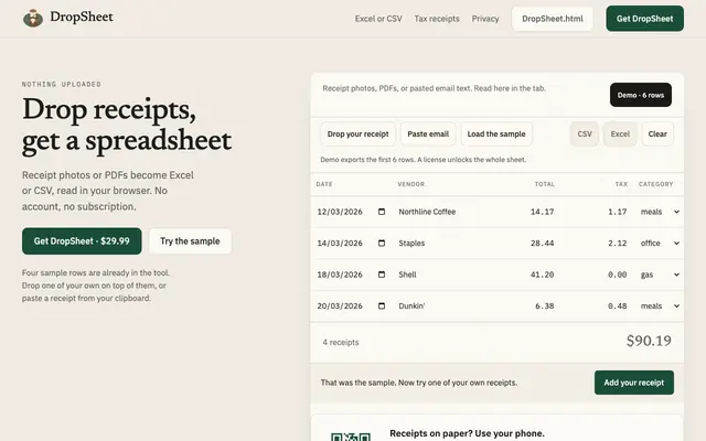 Screenshot of DropSheet — Drop receipts. Get a spreadsheet.