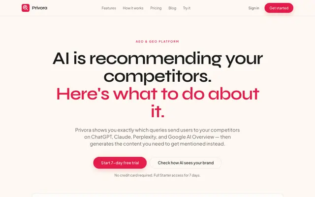 Screenshot of Privora – AEO & GEO Tool with Content Recommendations | ChatGPT, Claude, Perplex