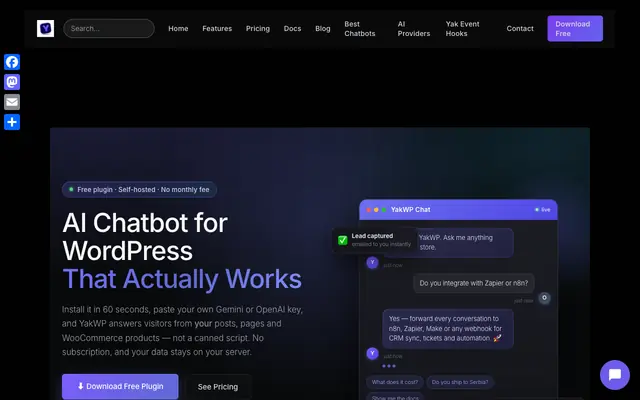 Screenshot of YakWP — AI Chatbot for WordPress | Smart, Fast, Affordable