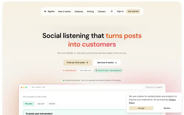 Screenshot of Ryphor · Social listening that turns posts into customers