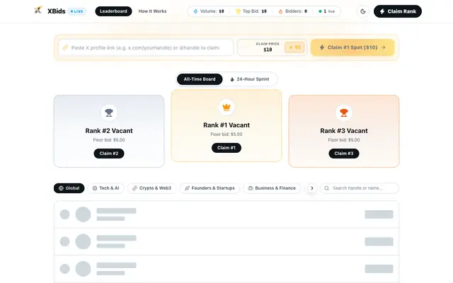 Screenshot of XBids — Rank is for sale. Always was.