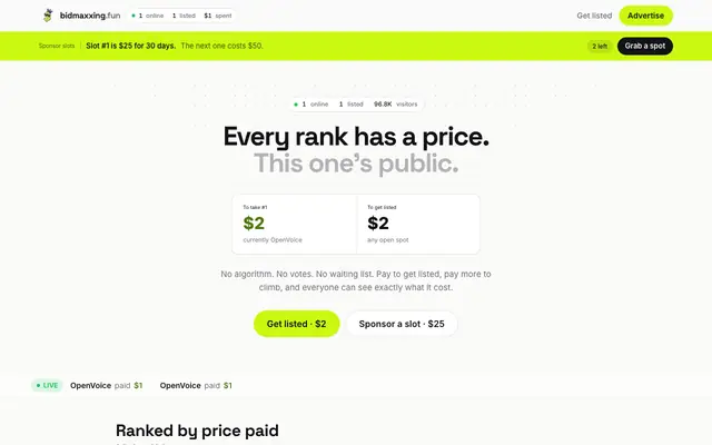 Screenshot of bidmaxxing.fun — pay to rank
