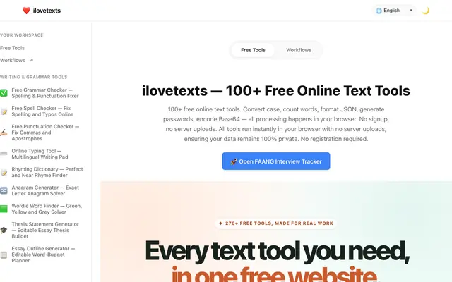 Screenshot of ilovetexts — 100+ Free Online Text Tools