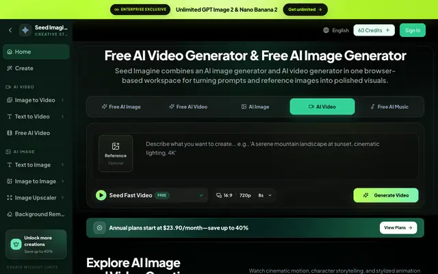 Screenshot of Free AI Video Generator & Image Generator | Seed Imagine