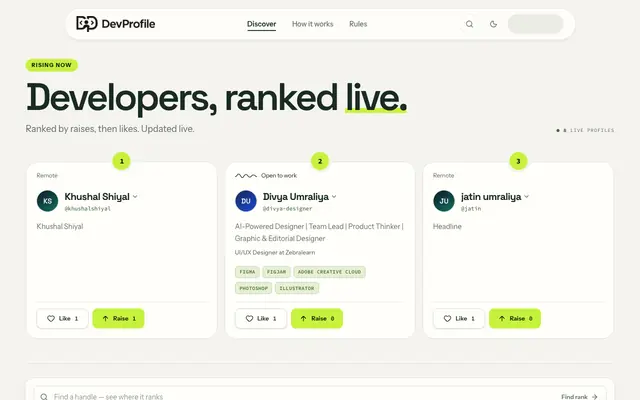 Screenshot of Discover Developers - DevProfile