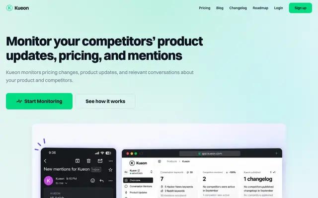 Screenshot of Kueon - Competitor Product Updates, Pricing & Mentions