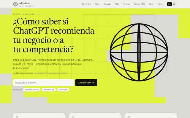 Screenshot of Meridiano — Cómo te citan Grok, ChatGPT y Claude