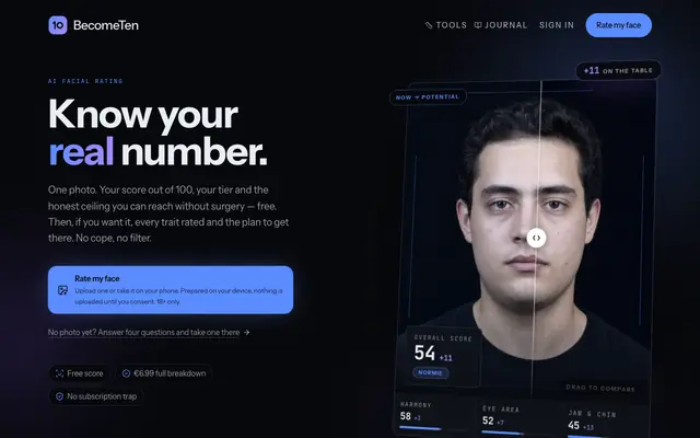 Screenshot of BecomeTen — free AI face rating and PSL score