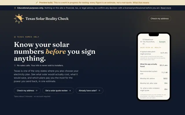 Screenshot of Texas Solar Reality Check: Solar Savings Calculator