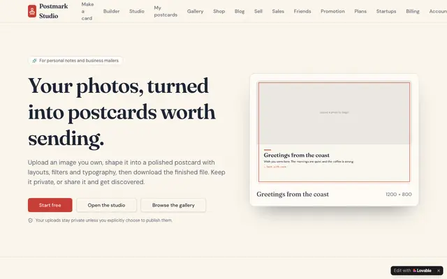 Screenshot of Postmark Studio — turn your photos into postcards