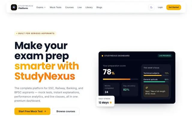 Screenshot of StudyNexus — AI-powered prep for BTSC, SSC, Railway & BPSC exams