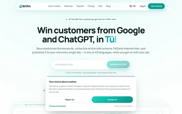Screenshot of Bora — SEO articles that AI answers quote, published daily