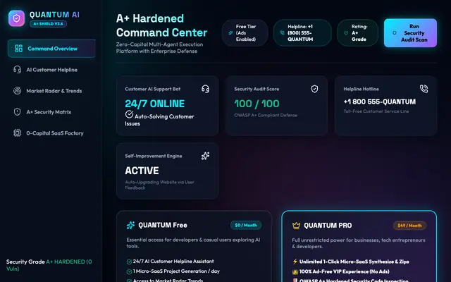 Screenshot of Quantum AI Command | A+ Security Grade Hub