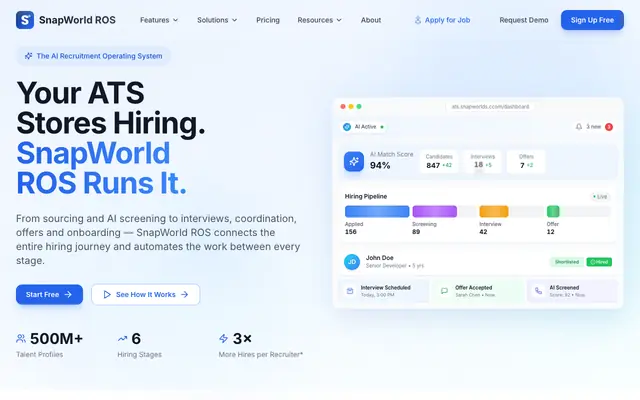 Screenshot of SnapWorld ROS | AI-Powered Recruitment Operating System | Best ATS Software