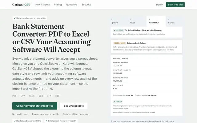 Screenshot of Bank Statement Converter: PDF to CSV & Excel | GetBankCSV