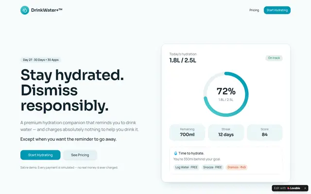 Screenshot of DrinkWater+™ — Premium Hydration