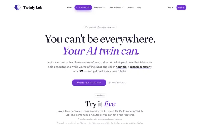 Screenshot of Twinly Lab — AI Twin for Coaches, Creators & Experts