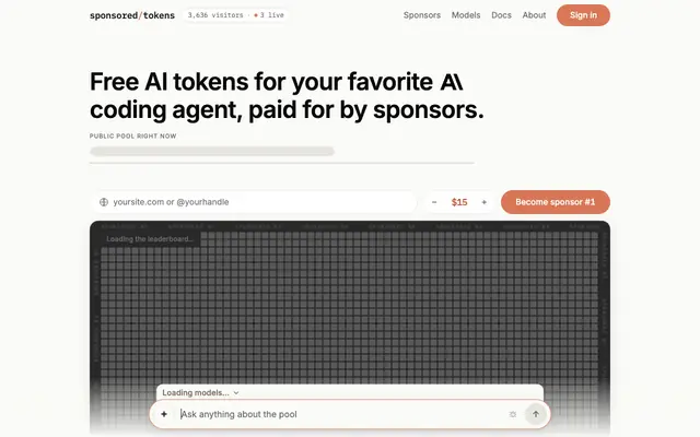 Screenshot of sponsored/tokens — a public pool of AI tokens