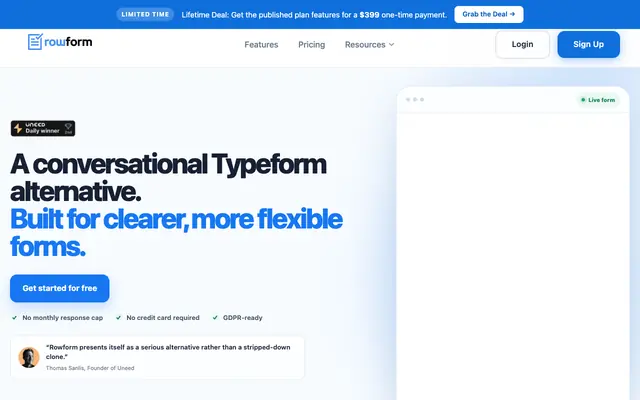 Screenshot of Rowform | AI-Powered Conversational Form Builder